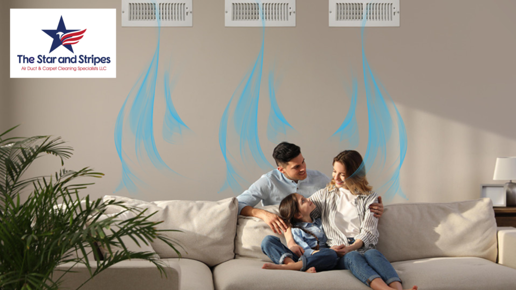 Air duct vents on a living room wall with clean airflow illustration above a happy family sitting on a sofa, representing healthy indoor air quality by The Star and Stripes Air Duct & Carpet Cleaning Specialists LLC.